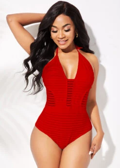 Red Halter Ladder Cutout One Piece Swimwear -Rosewe Promotion Store 264686 P 16323655471264