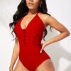 Red Halter Ladder Cutout One Piece Swimwear