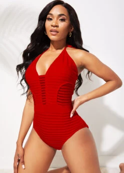 Red Halter Ladder Cutout One Piece Swimwear