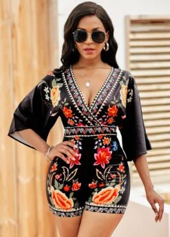 Tie Back V Neck Floral Print Romper -Rosewe Promotion Store 264825 P 16479442238313