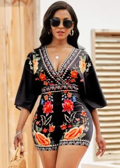 Tie Back V Neck Floral Print Romper