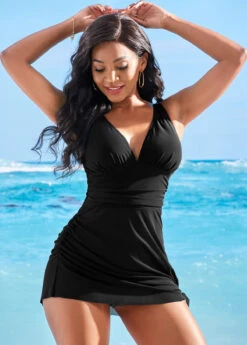 Solid Tie Side Shirred V Neck Swimdress And Panty 10 Solid Tie Side Shirred V Neck Swimdress And Panty -Rosewe Promotion Store 265245 P 16225107574023