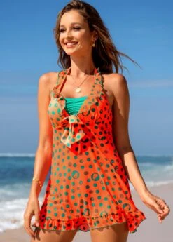 Polka Dot Bowknot Flounce Swimdress And Shorts