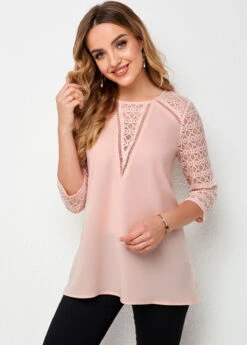 3/4 Sleeve Lace Stitching Round Neck T Shirt