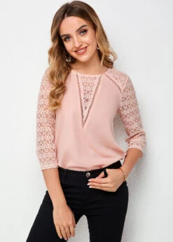 3/4 Sleeve Lace Stitching Round Neck T Shirt -Rosewe Promotion Store 265485 P 16163837124423