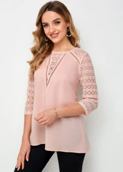 3/4 Sleeve Lace Stitching Round Neck T Shirt -Rosewe Promotion Store 265485 P 16163837125822