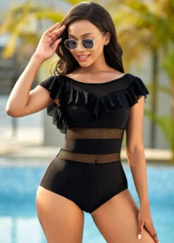 Solid Ruffle Trim One Piece Swimwear -Rosewe Promotion Store 265609 P 16970146615843
