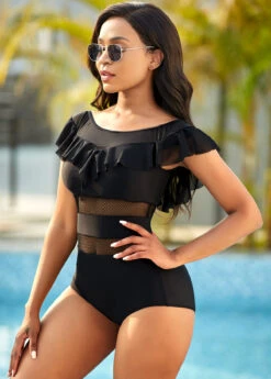 Solid Ruffle Trim One Piece Swimwear -Rosewe Promotion Store 265609 P 16970146616602