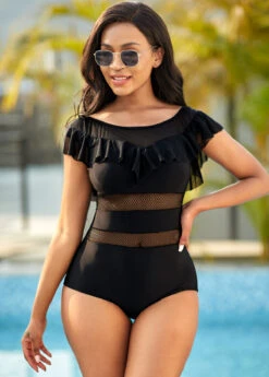 Solid Ruffle Trim One Piece Swimwear