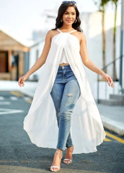 Cross Strap Chiffon Asymmetric Hem White Camisole Top