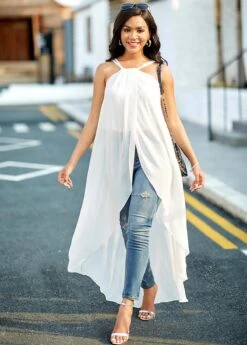 Cross Strap Chiffon Asymmetric Hem White Camisole Top -Rosewe Promotion Store 265620 P 16151807676204