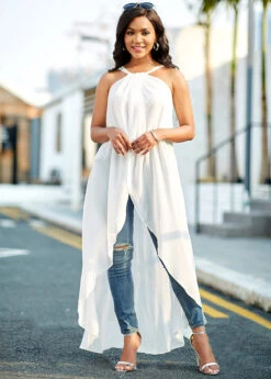 Cross Strap Chiffon Asymmetric Hem White Camisole Top -Rosewe Promotion Store 265620 P 16151807687175