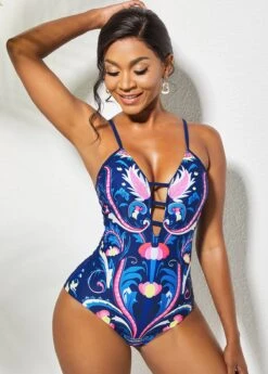 Cutout Tribal Print Spaghetti Strap One Piece Swimwear