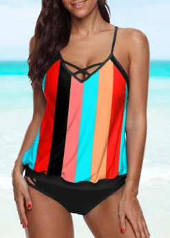 Spaghetti Strap Rainbow Stripe Tankini Set