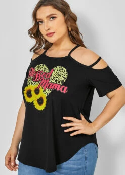 Sunflower Print Plus Size Strappy Cold Shoulder T Shirt -Rosewe Promotion Store 266058 P 16182887372022