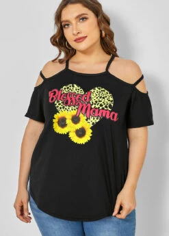 Sunflower Print Plus Size Strappy Cold Shoulder T Shirt -Rosewe Promotion Store 266058 P 16182887374863