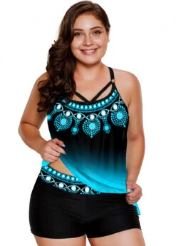 Tribal Print Plus Size Ombre Tankini Set