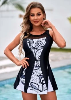 Round Neck Printed Cutout Back Swimdress And Panty -Rosewe Promotion Store 266511 P 16156865225533