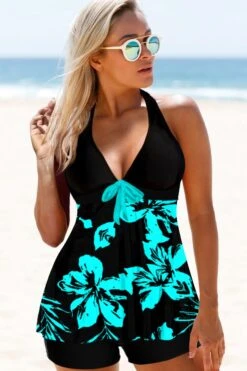 Keyhole Back Floral Print Halter Swimdress And Shorts