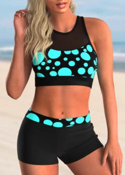 Polka Dot Mesh Stitching Keyhole Back Bikini Set