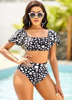 Geometric Print Lantern Sleeve Bikini Set -Rosewe Promotion Store 266687 P 16188871274274