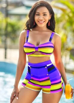 High Waisted Colorful Geometric Print Bikini Set