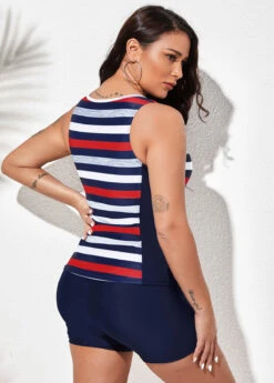 Wide Strap Striped Zipper Closure Tankini Set 8 Wide Strap Striped Zipper Closure Tankini Set -Rosewe Promotion Store 266858 P 1628141097557