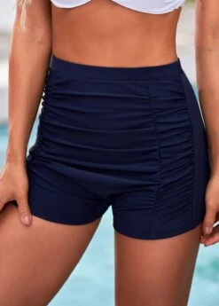 Navy Blue Ruched High Waisted Swim Shorts