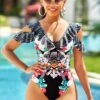 Flounce Lace Up Floral Print One Piece Swimwear -Rosewe Promotion Store 267471 P 16193318823740