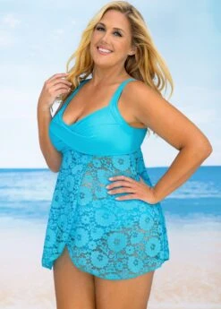 Plus Size Lace Stitching Crossover Hem Swimdress And Panty -Rosewe Promotion Store 267604 P 16227687494412