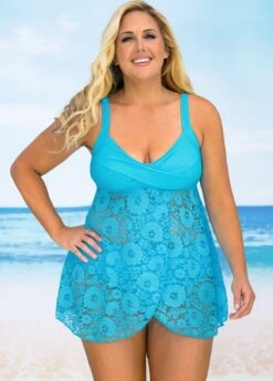 Plus Size Lace Stitching Crossover Hem Swimdress And Panty -Rosewe Promotion Store 267604 P 16227687495520