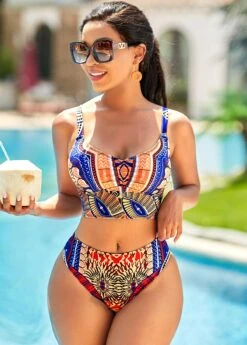 Spaghetti Strap Tribal Print Lace Up Bikini Set -Rosewe Promotion Store 268030 P 16193194383954