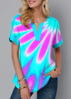 Short Sleeve Multicolor Printed Split Neck Blouse