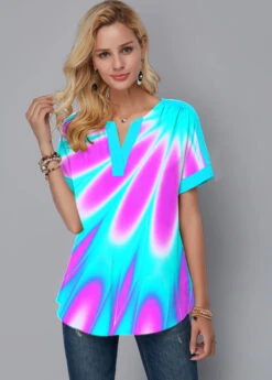 Short Sleeve Multicolor Printed Split Neck Blouse -Rosewe Promotion Store 268112 P 1615530323612