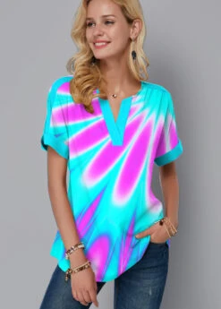 Short Sleeve Multicolor Printed Split Neck Blouse -Rosewe Promotion Store 268112 P 1615530323797