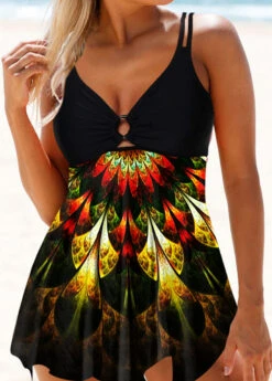 Printed Asymmetric Hem Swimdress And Panty