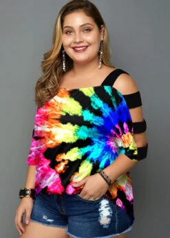 Multicolor Tie Dye Print Plus Size T Shirt -Rosewe Promotion Store 268227 P 1618550798626