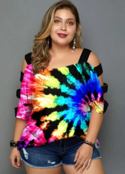 Multicolor Tie Dye Print Plus Size T Shirt -Rosewe Promotion Store 268227 P 1618550798846
