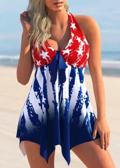 American Flag Print Hanky Hem Swimdress And Panty