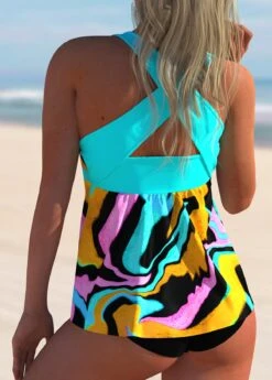 Criss Cross Back Geometric Print Bowknot Tankini Set -Rosewe Promotion Store 268744 P 1616053765255