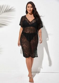 Side Slit V Neck Black Cover Up