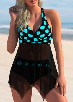 Polka Dot Mesh Stitching Cross Strap Swimdress And Panty