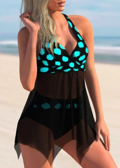 Polka Dot Mesh Stitching Cross Strap Swimdress And Panty -Rosewe Promotion Store 269281 P 1628244633744