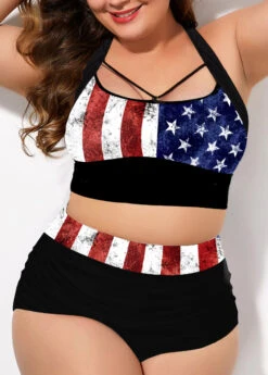 Cross Strap Plus Size American Flag Print Bikini Set