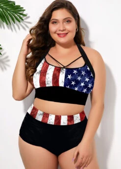 Cross Strap Plus Size American Flag Print Bikini Set -Rosewe Promotion Store 269369 P 1616563062533