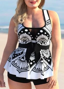 Mesh Stitching Tribal Print Plus Size Tankini Set