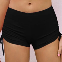 Solid Mid Waist Drawstring Detail Swimwear Shorts