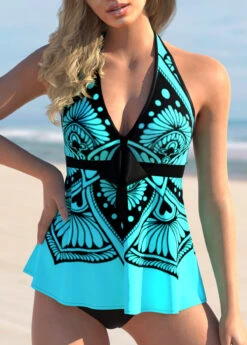 Bowknot Tribal Print Halter Tankini Set