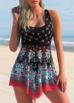 Tribal Print Asymmetric Hem Swimdress And Shorts