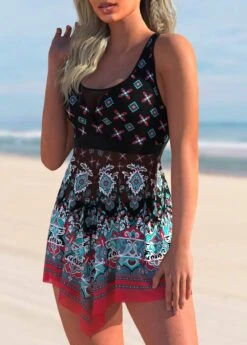 Tribal Print Asymmetric Hem Swimdress And Shorts -Rosewe Promotion Store 269938 P 1617081525319